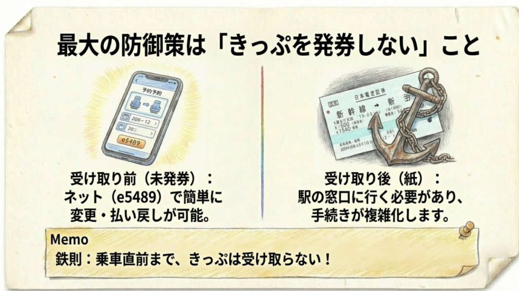 最大の防御策は「きっぷを発券しない」こと。スマホ画面（e5489）は身軽だが、紙のきっぷにすると錨のように重い制約がかかることを対比したイラスト。