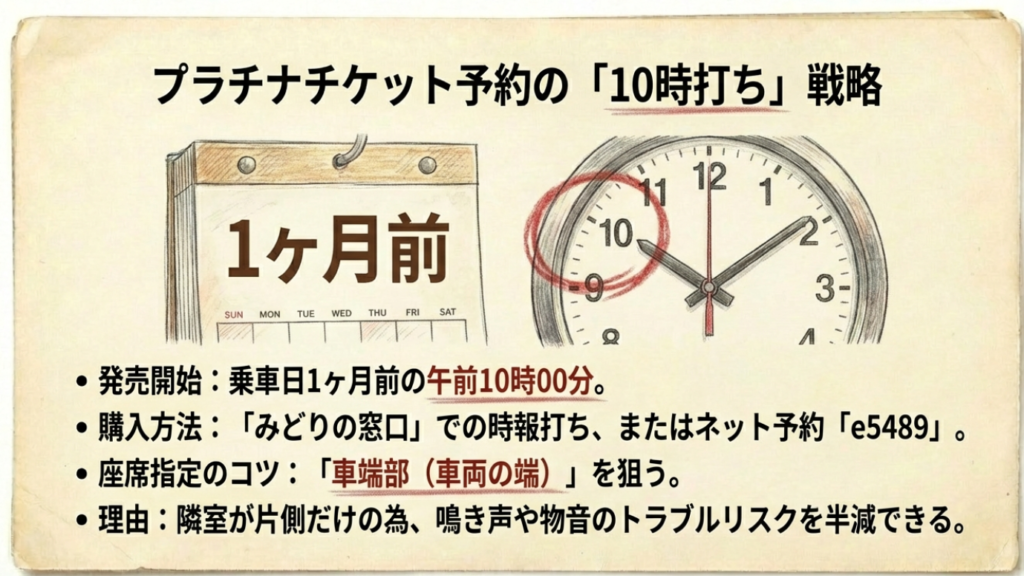 サンライズ瀬戸にペット同伴の基本:料金と個室条件を徹底解説 8 乗車日1ヶ月前の10時打ち予約の重要性と、車端部の部屋を狙う座席指定のコツを解説したカレンダーのイラスト。