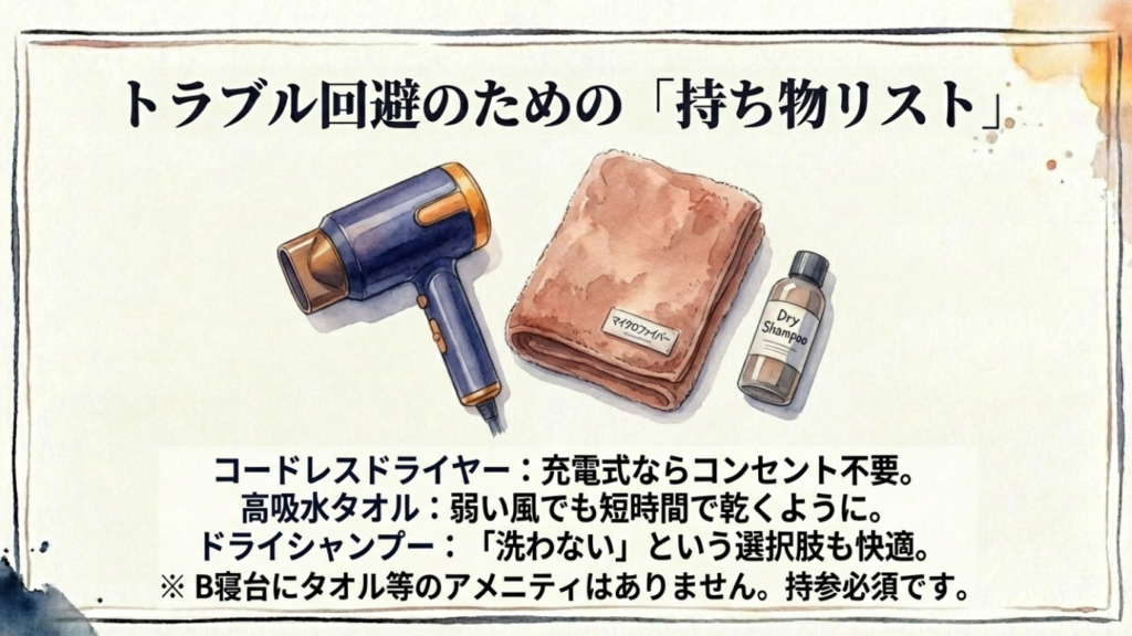 サンライズ瀬戸のドライヤー事情!コンセント利用の注意点と「使える場所」の正解 9 トラブル回避のための持ち物リスト:コードレスドライヤー、高吸水タオル(マイクロファイバー)、ドライシャンプー