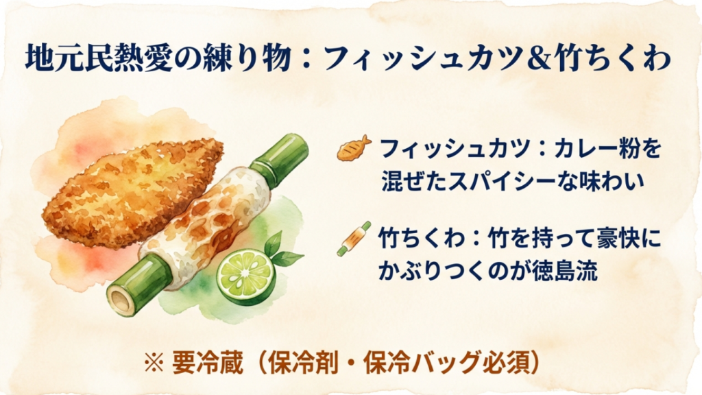 徳島名物のフィッシュカツと竹ちくわ。竹を持ってかぶりつくスタイルが特徴。要冷蔵のため保冷が必要。