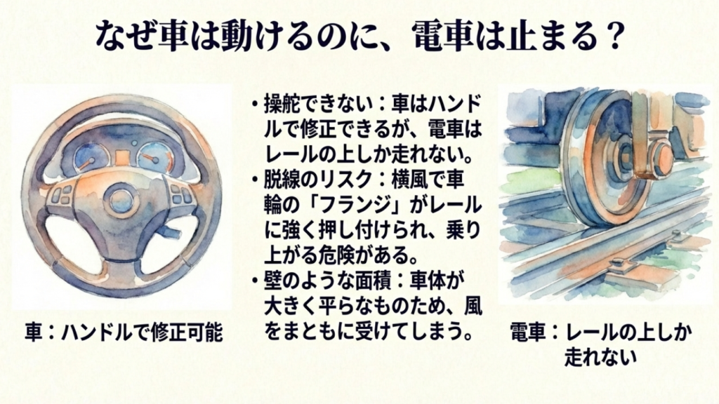 自動車のハンドルと鉄道の車輪の比較図。電車は操舵できず、横風を受ける面積が広いため脱線リスクがあることを解説。