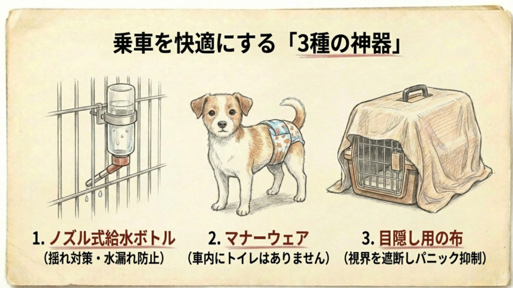 サンライズ瀬戸にペット同伴の基本:料金と個室条件を徹底解説 9 ノズル式給水ボトル、マナーウェア(オムツ)、目隠し用の布のイラストとそれぞれの役割を解説したスライド。