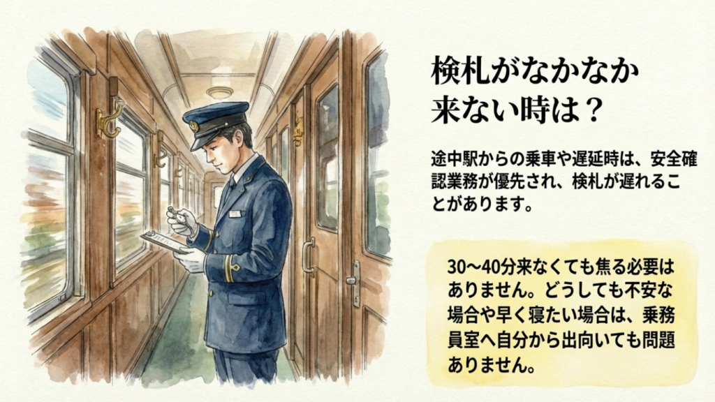 サンライズ瀬戸の検札はいつ?タイミングと切符の注意点を解説 3 車掌の業務イメージ:検札以外にも安全確認や放送など多忙を極める様子