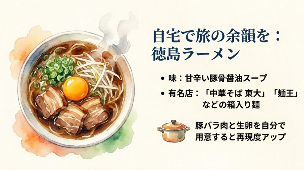 茶系のスープに豚バラ肉と生卵をトッピングした徳島ラーメン。東大や麺王などの箱入り麺が人気。