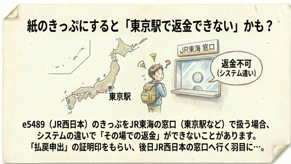 紙のきっぷにすると東京駅で返金できないリスク。システムの違いにより「払戻申出」の証明印のみの対応となり、後日JR西日本の窓口へ行く手間が発生する図。