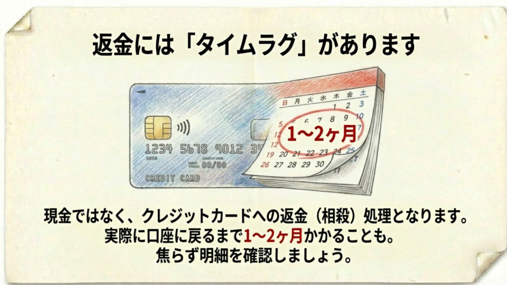 返金にはタイムラグがある解説図。現金ではなくカード会社経由の返金となり、実際に口座に戻るまで1〜2ヶ月かかる場合があることを示すカレンダー。