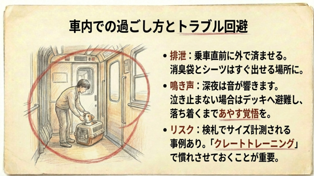 サンライズ瀬戸にペット同伴の基本:料金と個室条件を徹底解説 10 車内で犬をクレートに入れたままあやす様子と、排泄・鳴き声・検札リスクへの対策をまとめたスライド。