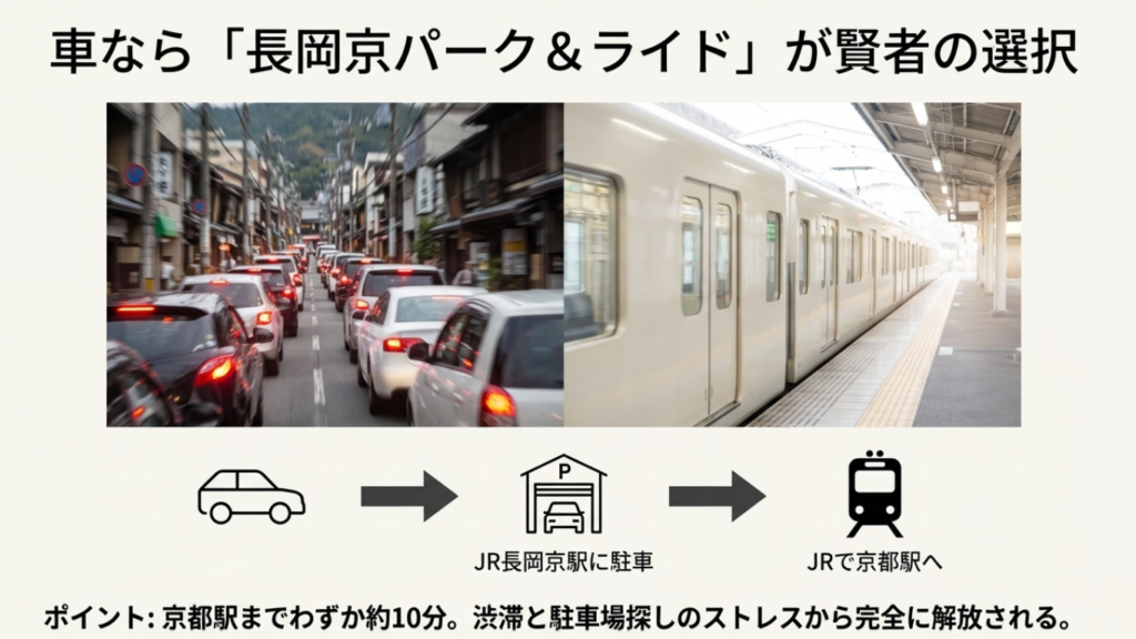 京都市内の渋滞を回避する長岡京パーク＆ライドの解説図。JR長岡京駅に駐車し、電車で京都駅へ向かうルートとメリットを可視化。