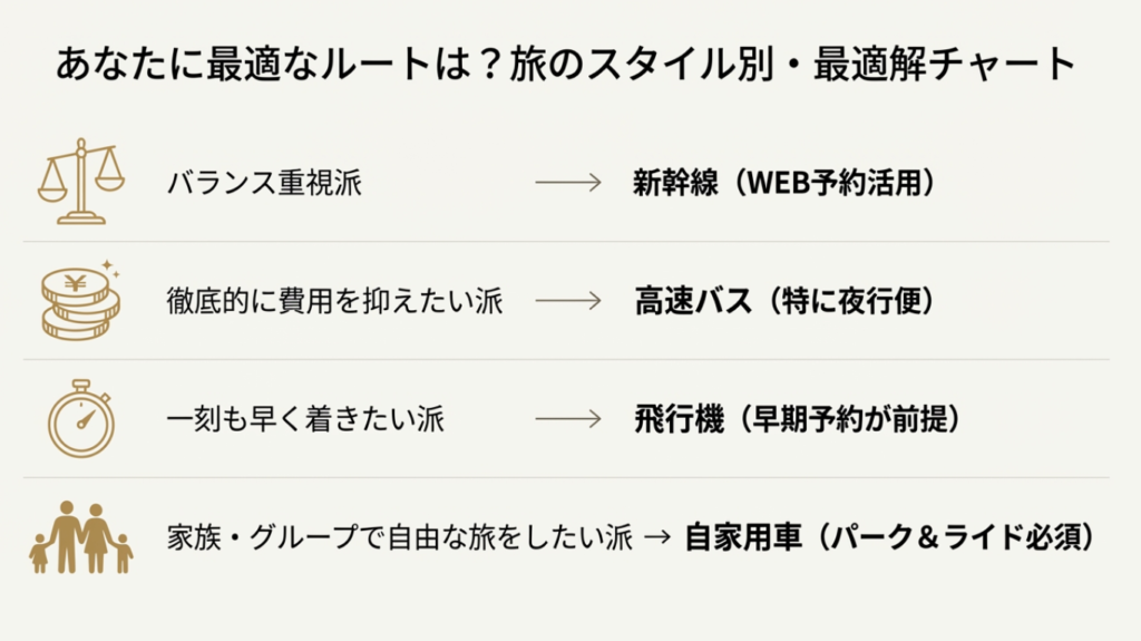 旅のスタイル別最適ルート診断チャート。バランス重視なら新幹線、費用重視ならバス、時間重視なら飛行機、家族旅行なら車（パーク＆ライド）と分類して提案。