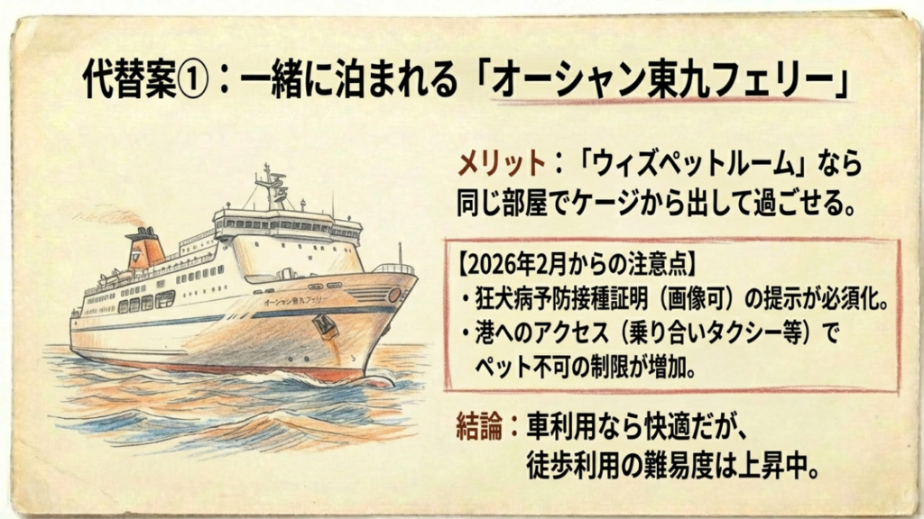 サンライズ瀬戸にペット同伴の基本:料金と個室条件を徹底解説 11 オーシャン東九フェリーのイラストと、2026年からの狂犬病予防接種証明必須化やタクシー制限などの注意点をまとめたスライド。