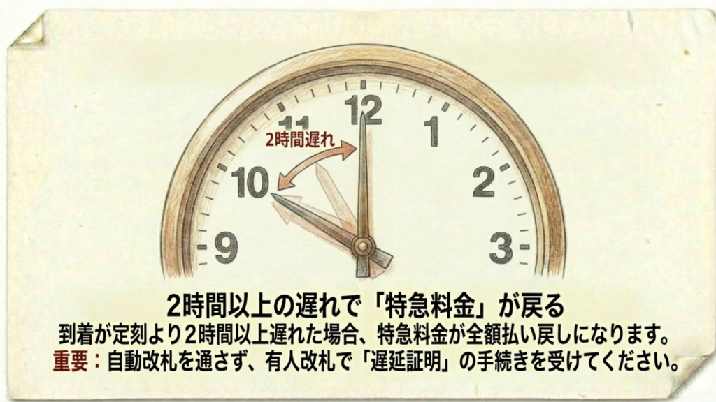 2時間遅れの時計。到着が定刻より2時間以上遅れた場合、特急料金が全額払い戻しになるルールと、有人改札での証明手続きが必要であることを解説。