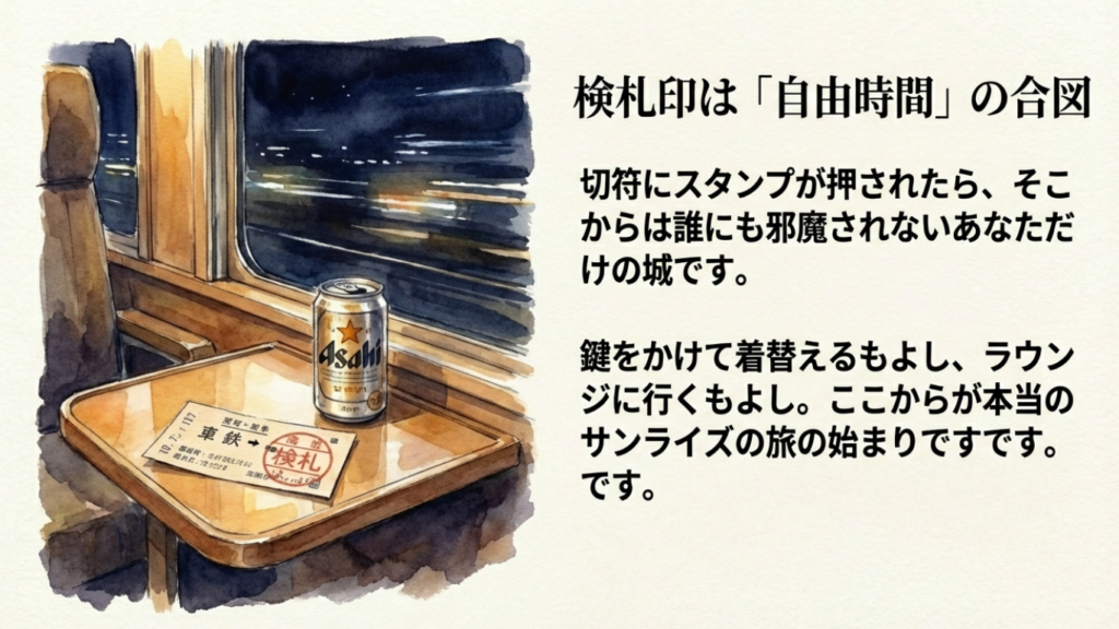 サンライズ瀬戸の検札はいつ?タイミングと切符の注意点を解説 12 検札印が押された切符と車窓のイラスト