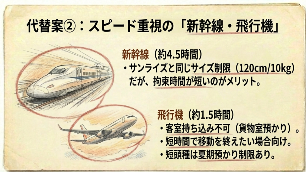 サンライズ瀬戸にペット同伴の基本:料金と個室条件を徹底解説 13 新幹線と飛行機を利用する場合の所要時間や、サイズ制限、貨物室預かりなどの特徴を比較したスライド。
