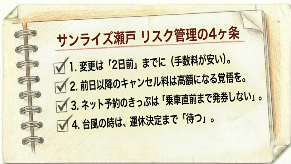 サンライズ瀬戸リスク管理の4ヶ条。2日前までの変更、前日以降の高額手数料、未発券の維持、台風時の待機姿勢をまとめたチェックリスト。