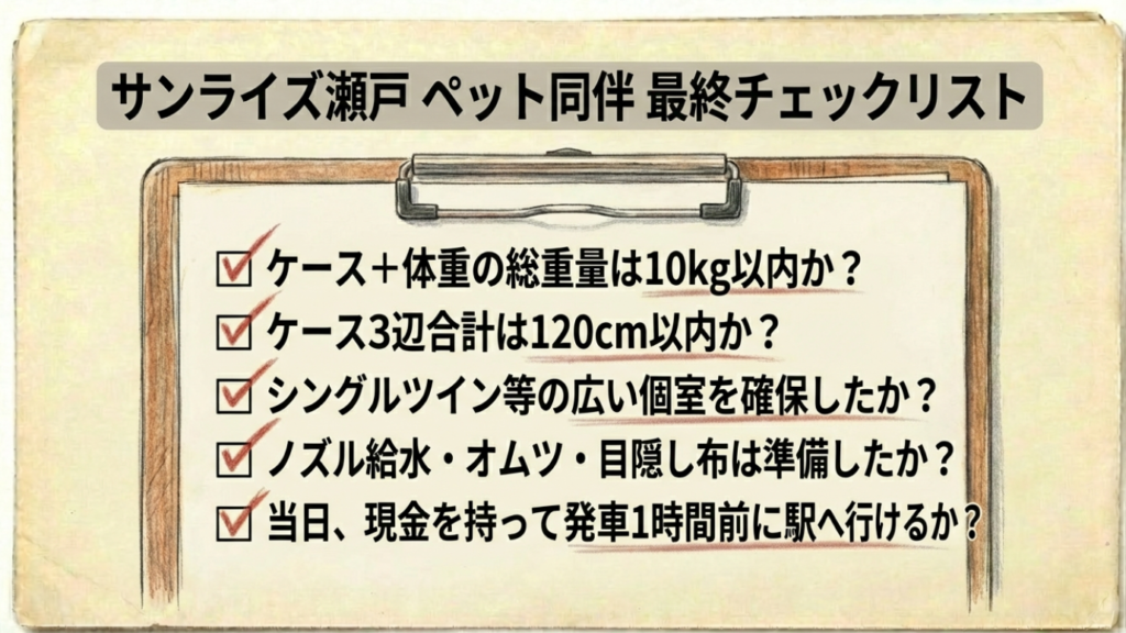 サンライズ瀬戸にペット同伴の基本:料金と個室条件を徹底解説 14 重量、サイズ、個室、アイテム、現金などの出発前に確認すべき項目を網羅したチェックリストのスライド。