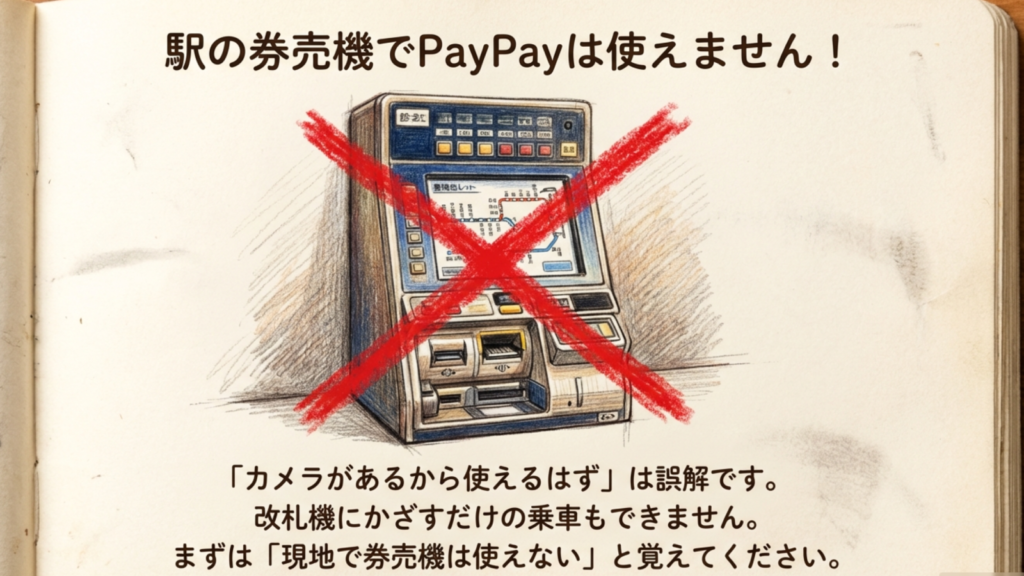 駅の券売機でPayPayは使えません JR四国の券売機ではPayPayが使えないことを示すイラスト。行列と使えない券売機