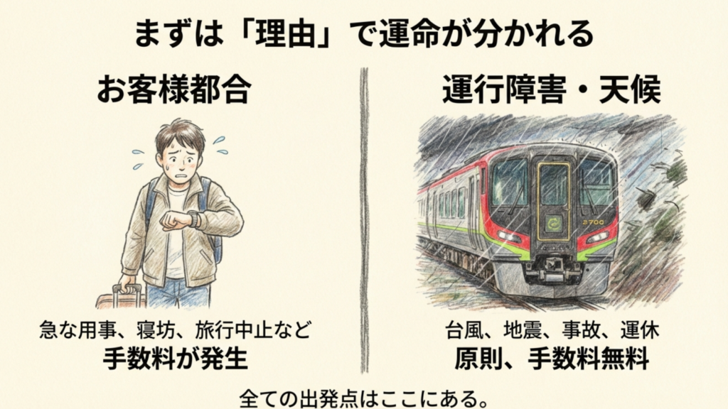 JR四国の払い戻し手数料を完全解説!台風や遅延時の対応も網羅 1 払い戻し手数料は理由で決まる。自己都合は手数料あり、台風や事故などの運行不能は原則無料