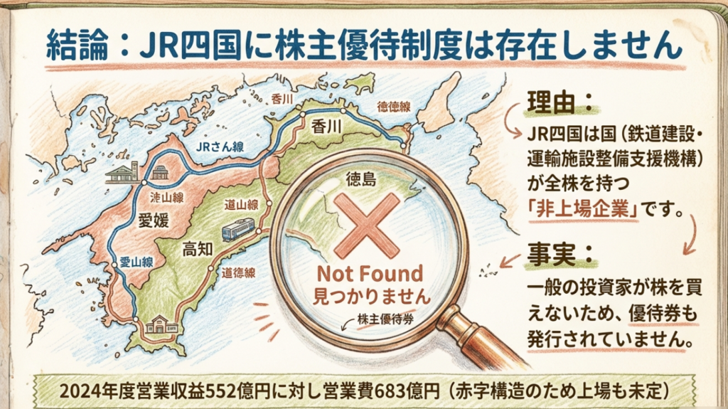JR四国は国が全株を持つ非上場企業であるため株主優待が存在しないという図解