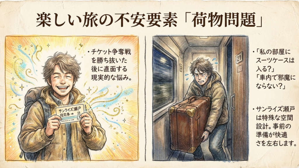 チケット確保後の荷物の悩み チケット争奪戦を勝ち抜いた後に直面する現実的な悩み・スーツケースが入るか不安な男性のイラスト