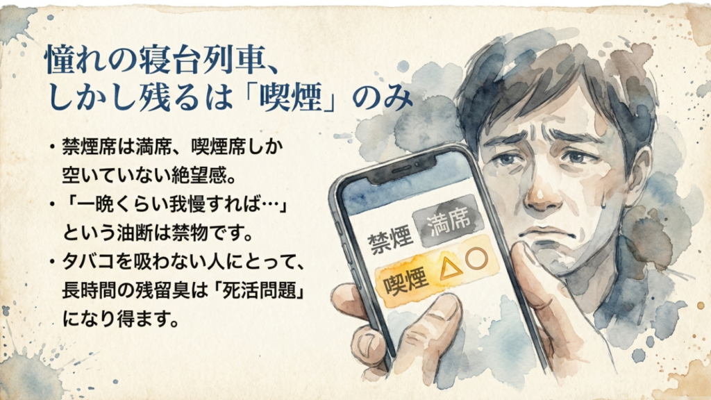 【徹底解説】サンライズ瀬戸の喫煙室は臭い?対策と実態レポート 1 サンライズ瀬戸の喫煙席しか空いていない時の絶望感とリスク