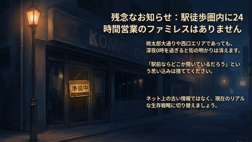 岡山駅徒歩圏内に24時間営業のファミレスはありません