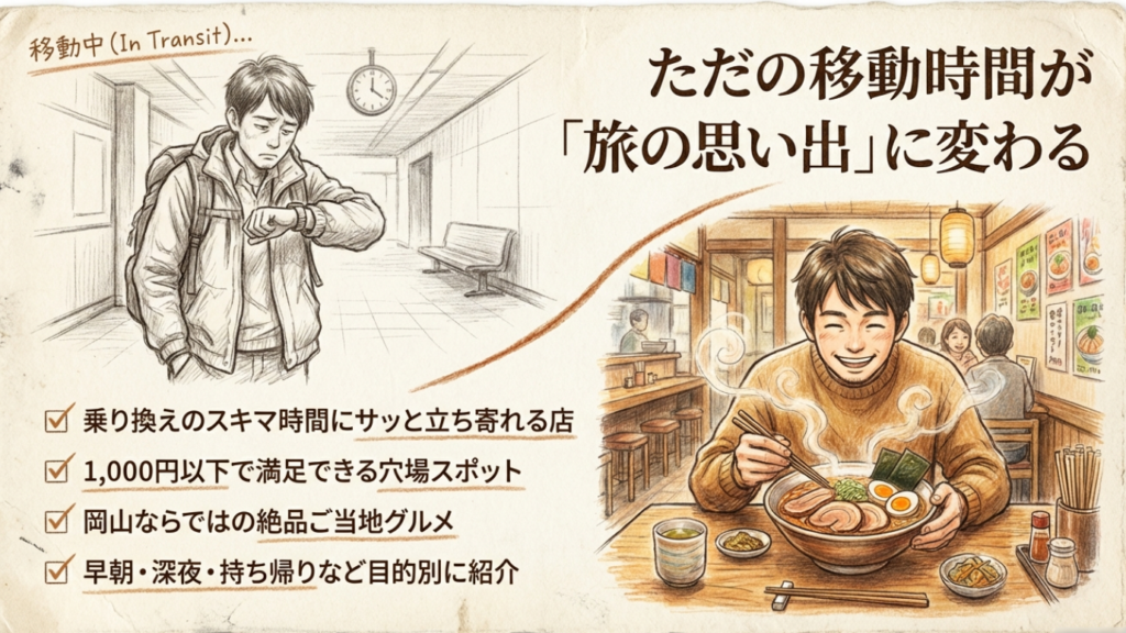 岡山駅での乗り換え時間に食事を楽しむ男性のイラスト