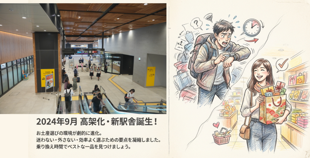 2024年9月開業のJR松山駅新駅舎と商業エリアだんだん通りのイラスト・お土産選びに悩む旅行者