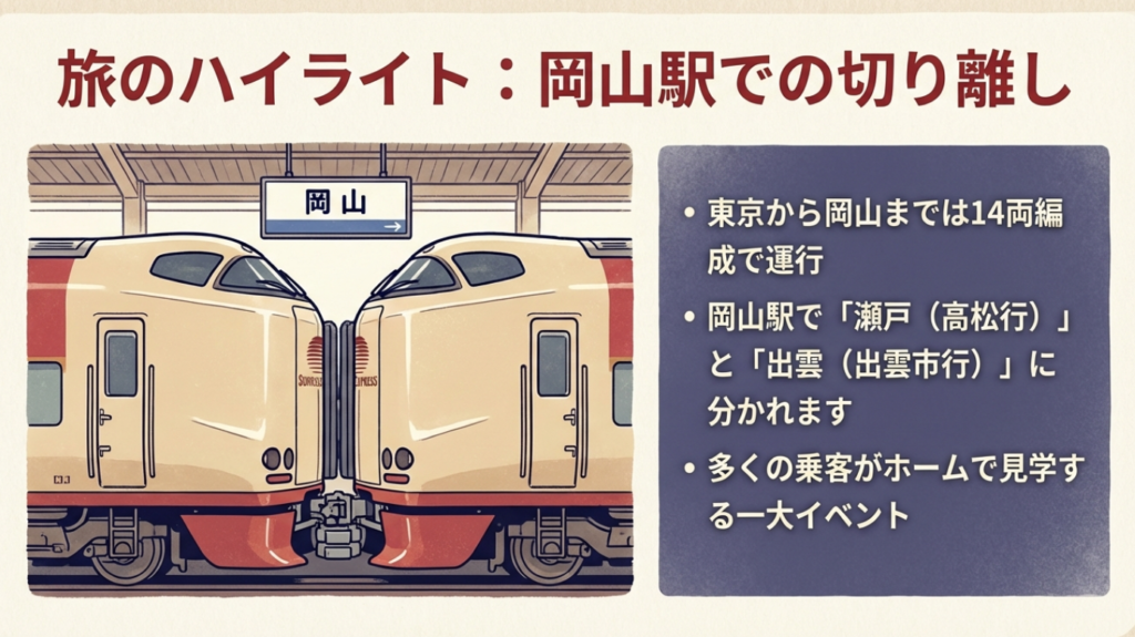 サンライズ瀬戸と出雲はどっち?料金や部屋の違いを徹底比較 2 岡山駅でのサンライズ瀬戸と出雲の切り離し作業のイラスト