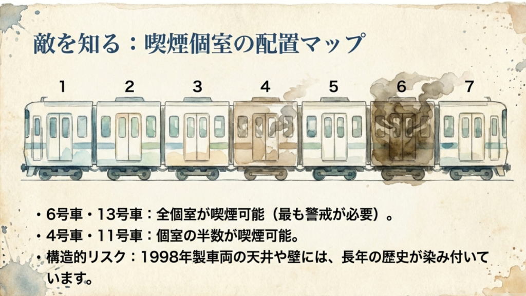 【徹底解説】サンライズ瀬戸の喫煙室は臭い?対策と実態レポート 2 サンライズ瀬戸・出雲の喫煙車(6号車・13号車)と一部喫煙可能な車両の配置図