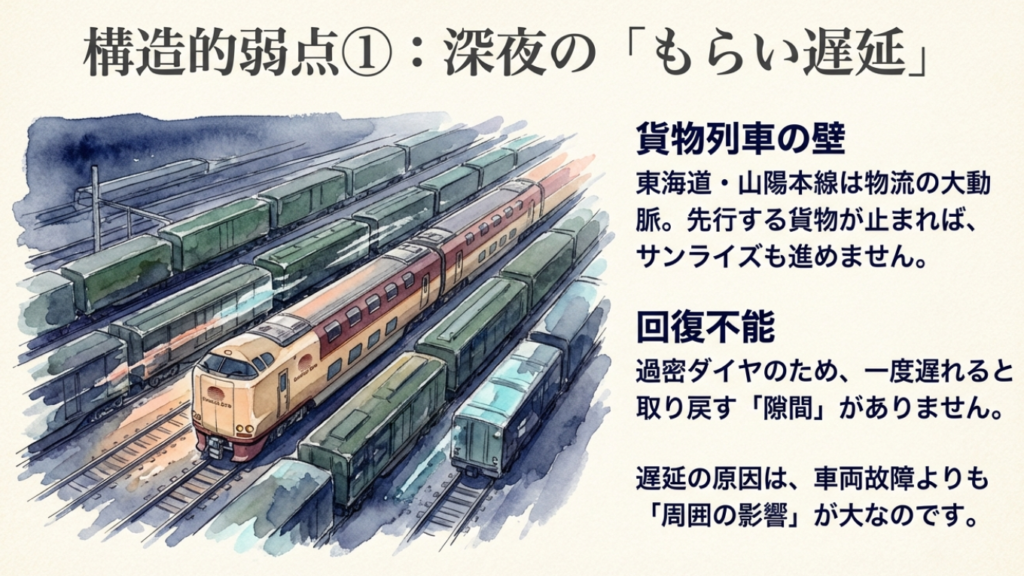 サンライズ瀬戸は遅れやすい?冬場のリスクと払い戻し・振替ガイド 1 構造的弱点1 深夜のもらい遅延。貨物列車の壁と回復不能な過密ダイヤ