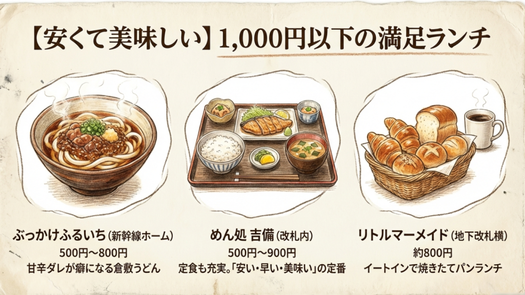 岡山駅構内の1000円以下で食べられるうどん・定食・パンのイラスト