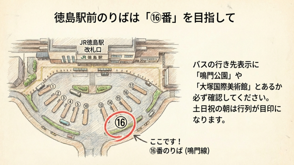 徳島駅前バスターミナルの地図。大塚国際美術館行きは16番のりば（鳴門線）から発車。