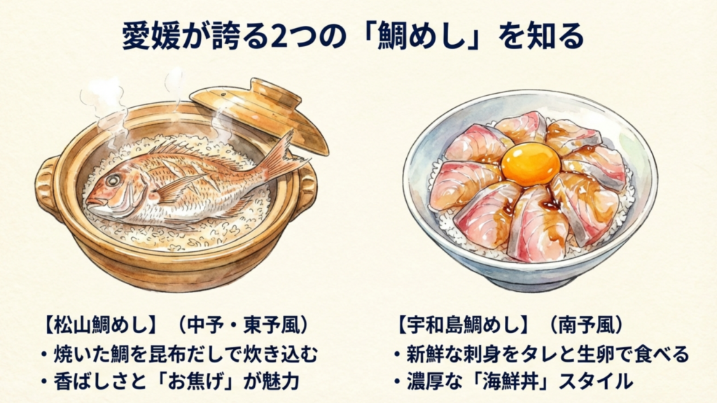 松山鯛めし（炊き込み）と宇和島鯛めし（刺身）の違い比較イラスト