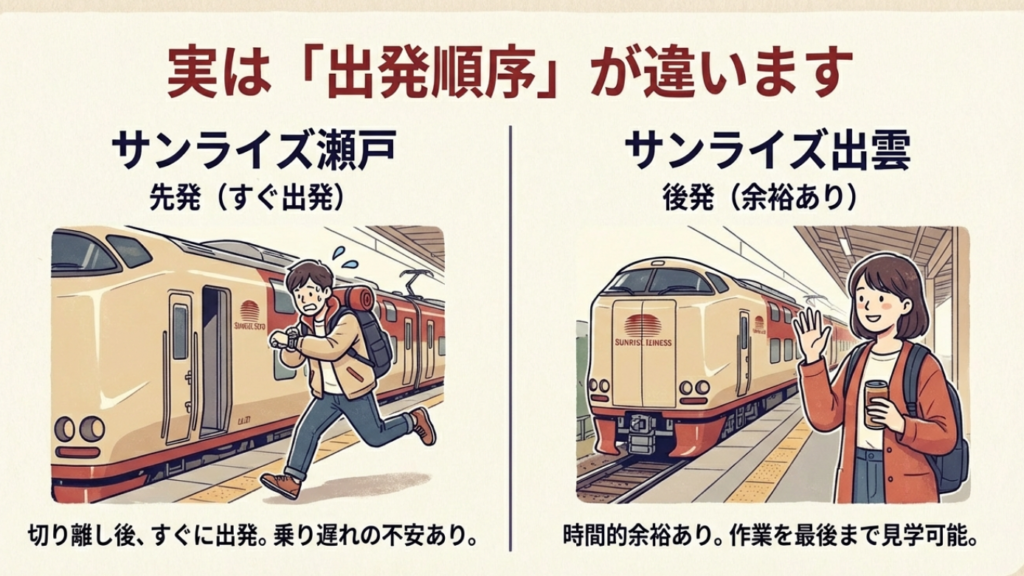 サンライズ瀬戸と出雲はどっち?料金や部屋の違いを徹底比較 3 切り離し後、すぐに出発して慌てるサンライズ瀬戸の乗客と、余裕で見送る出雲の乗客の比較イラスト