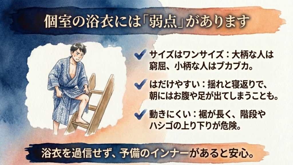 個室の浴衣の弱点。はだけやすい、動きにくい、サイズが合わない可能性