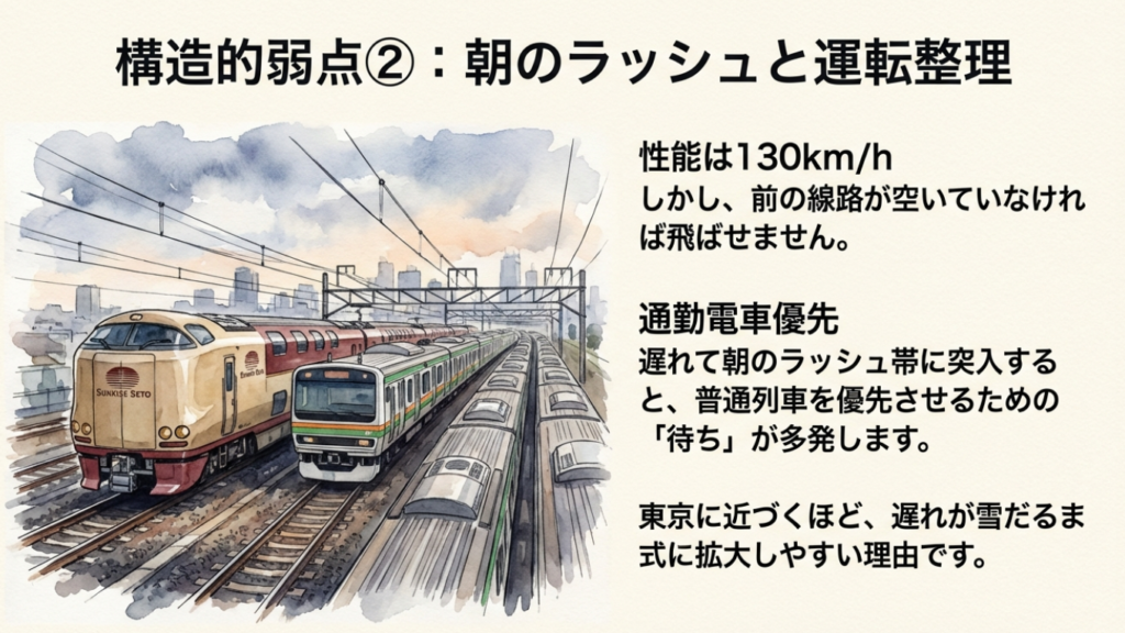 サンライズ瀬戸は遅れやすい?冬場のリスクと払い戻し・振替ガイド 2 構造的弱点2 朝のラッシュと運転整理。通勤電車優先のため遅れが拡大しやすい