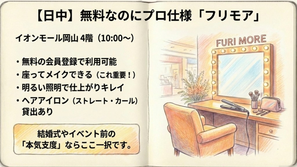 イオンモール岡山FURI MOREの特徴：無料の会員登録で利用可能、座ってメイクできるドレッサー、明るい照明、ヘアアイロン貸出あり