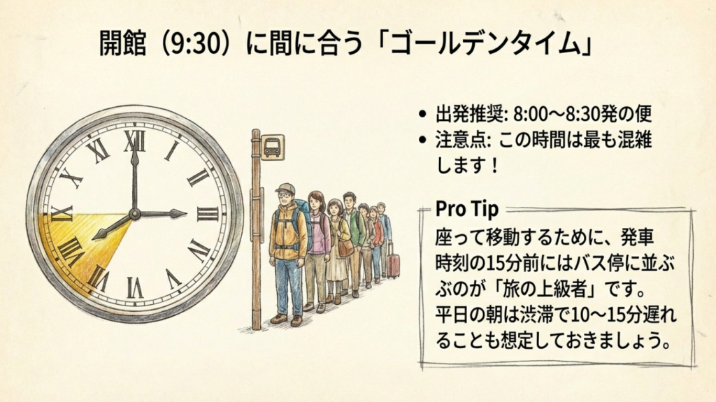 時計のイラスト。朝8:00〜8:30発がゴールデンタイム。バス停には行列ができるため15分前行動を推奨。