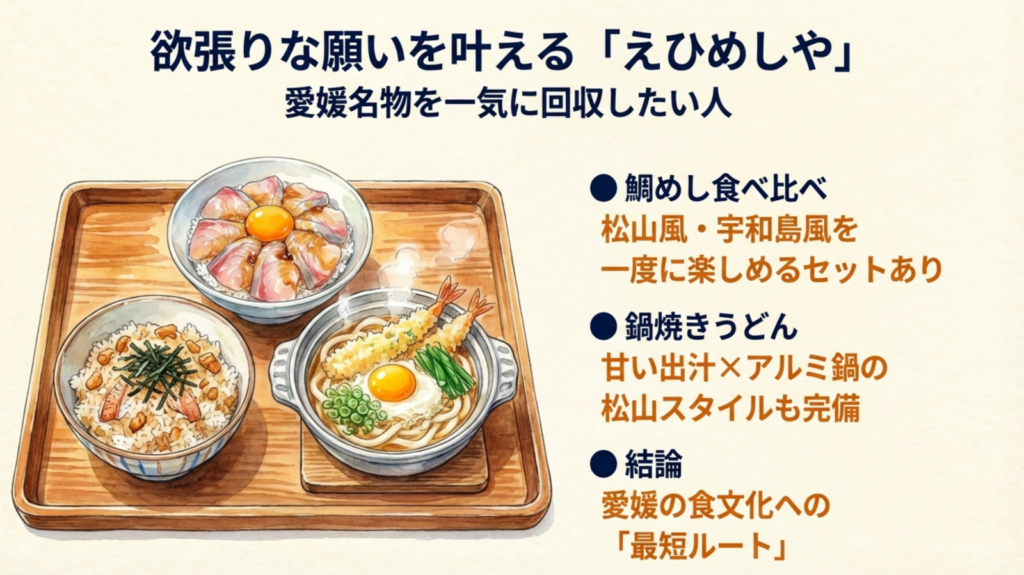 えひめしやの鯛めし食べ比べセットと鍋焼きうどんのイラスト