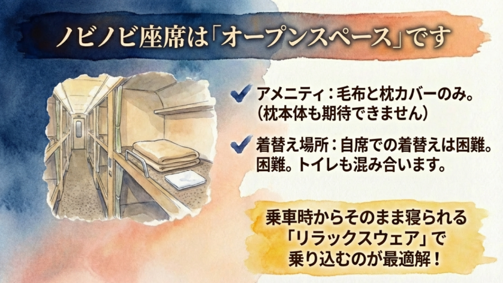ノビノビ座席はオープンスペース。毛布と枕カバーのみで着替え場所もありません