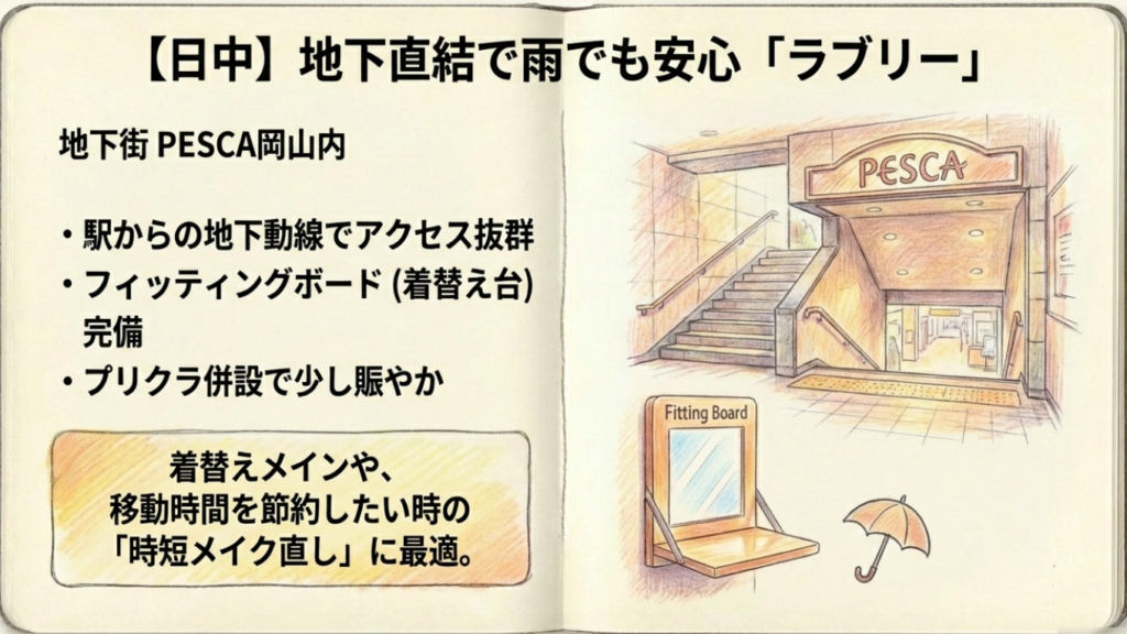 PESCA岡山Lovelyの特徴：地下直結で雨でも安心、フィッティングボード完備で着替えに最適、プリクラ併設で少し賑やか