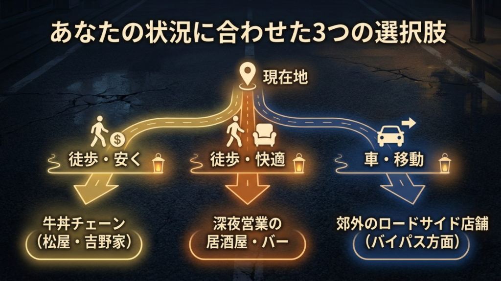 深夜の岡山駅周辺を乗り切るあなたの状況に合わせた3つの選択肢