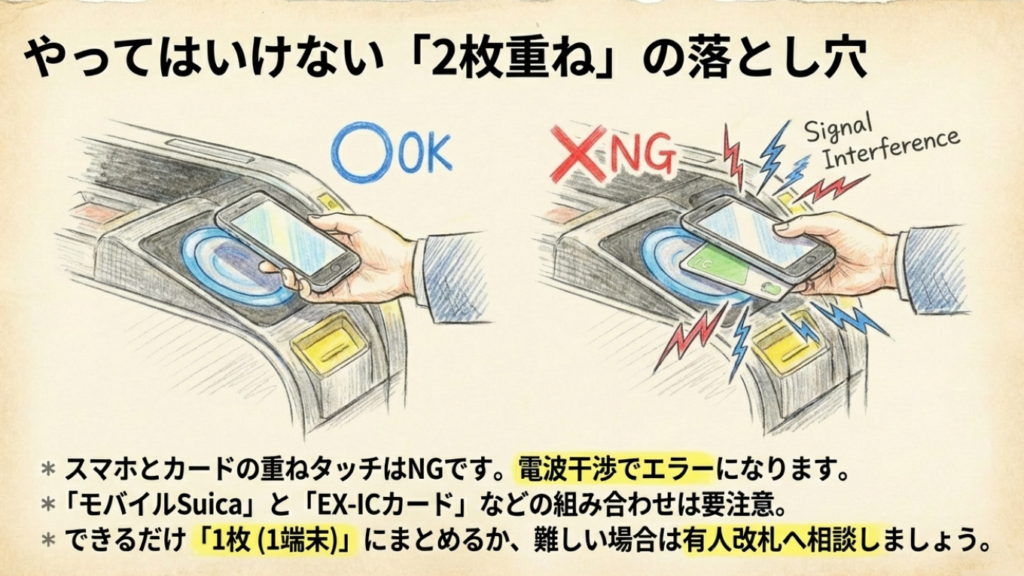 スマートフォンのモバイルSuicaと物理ICカードを重ねてタッチしてエラーになるイラスト