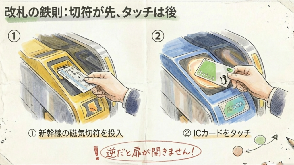 新幹線乗り換え改札の通り方イラスト。1番目に磁気切符を投入し、2番目にICカードをタッチする手順