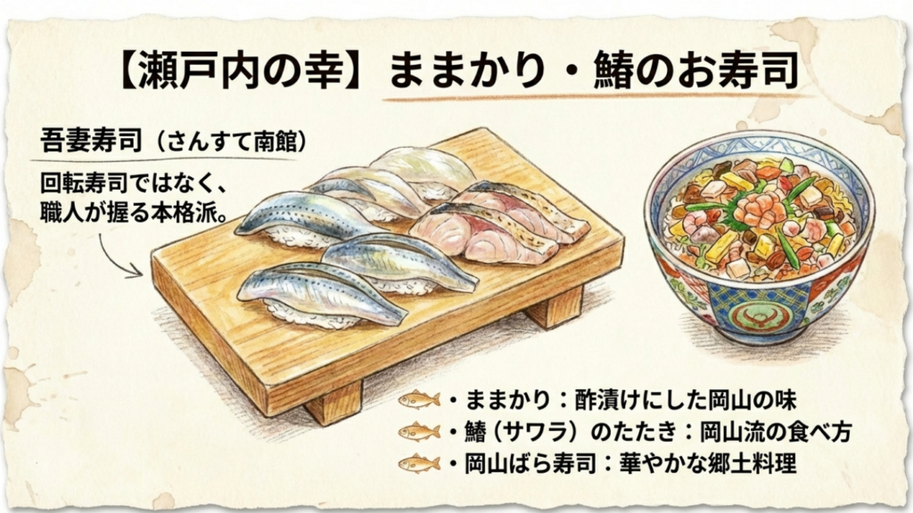 岡山ばら寿司と吾妻寿司で提供されるままかり・サワラのイラスト
