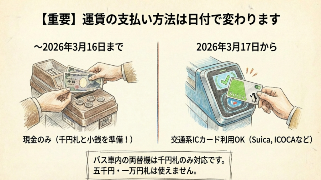 運賃支払いの注意点。2026年3月16までは現金のみ、17日からは交通系ICカード（Suica等）が利用可能に。