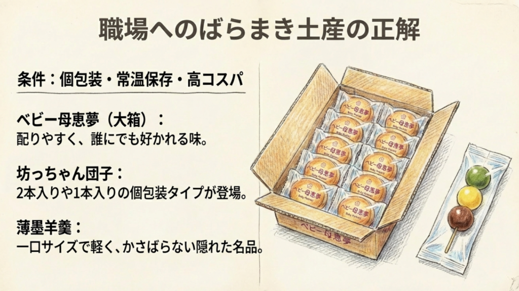 職場へのばらまき土産に最適なベビー母恵夢と坊っちゃん団子のイラスト
