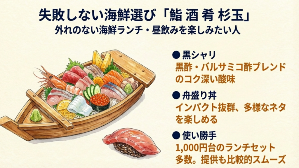 鮨酒肴杉玉の舟盛り丼と黒シャリの海鮮ランチイラスト