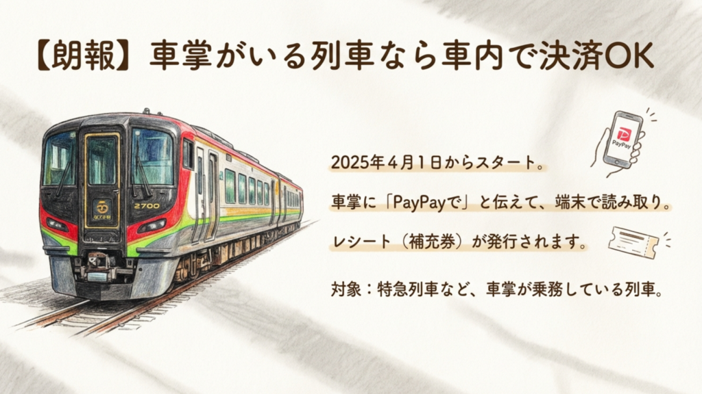 車掌がいる列車なら車内で決済OK 車掌が乗務する特急列車などでPayPay決済が可能になることを示すイラスト
