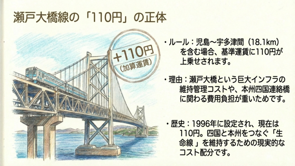 瀬戸大橋線の加算運賃110円の理由イラスト